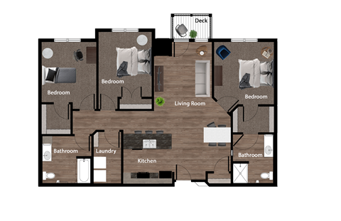 Floor plan for 3 beds, 2 baths, 1381 sqft